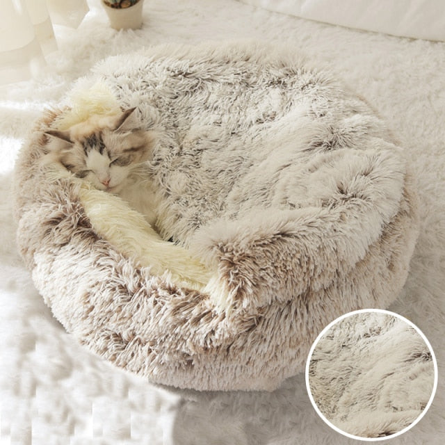 Winter Long Plush Pet Cat Bed Round Cat Cushion Cat House 2 In 1 Warm Cat Basket Cat Sleep Bag Cat Nest Kennel For Small Dog Cat