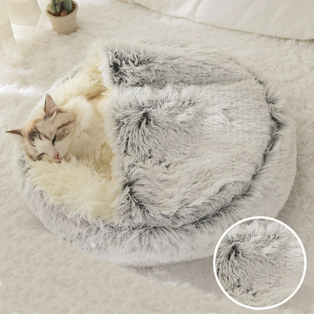 Winter Long Plush Pet Cat Bed Round Cat Cushion Cat House 2 In 1 Warm Cat Basket Cat Sleep Bag Cat Nest Kennel For Small Dog Cat